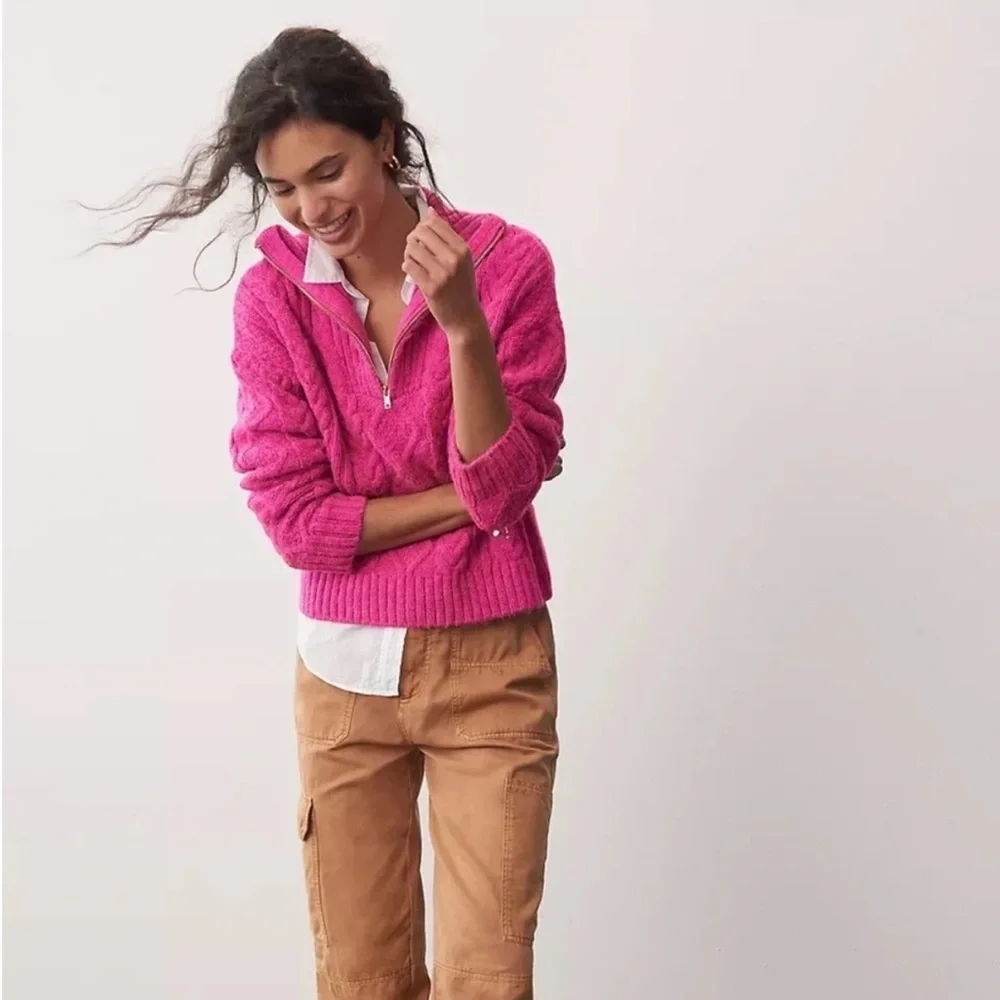 ANTHROPOLOGIE Cable Knit Fishermen 1/4 Zip Pullover Sweater Pink SIZE: XS - Picture 1 of 12